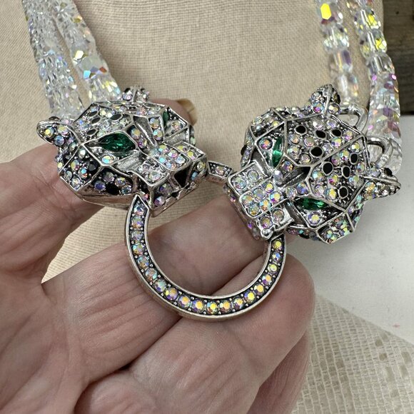 Vintage Rhinestone Panther Clasp Clear Crystal Bead Necklace - Picture 8 of 13